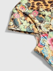 ROMWE Avant Atasan Wanita Model Pas Badan dengan Kerah Tegak Bergaya Cina yang Elegan dan Motif Macan - Khaki - View 4