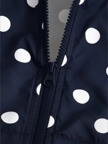 SHEIN 女童復古可愛日系風棕色波點連帽外套，秋季服飾，經典底色搭配滿版印花，寬鬆版型學生款 - 藏蓝色 - 查看 8