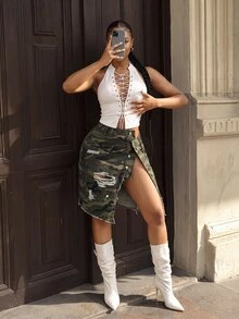 Jeanoix Y2K 女款戶外時尚迷彩工裝破洞毛邊軍綠色牛仔裙 - 軍綠色 - 查看 3