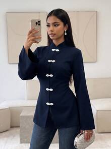 Veilorie Women's Solid Color Frog Button Design Long Sleeve Arabic Style Top - Navy Blue - View 5