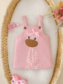 SHEIN 女嬰可愛鹿圖案刺繡吊帶休閒戶外洋裝，春秋款 - 粉色 - 查看 1