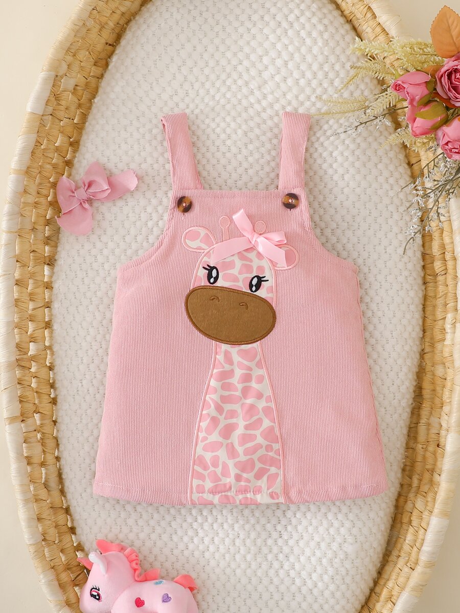 SHEIN 女嬰可愛鹿圖案刺繡吊帶休閒戶外洋裝,春秋款 - 粉色 - 查看 1