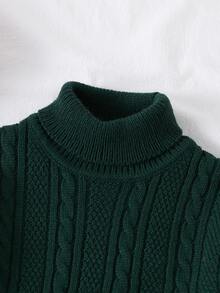 Boys' High Neck Sweater, Autumn/Winter, Vintage Dark Green Cable Knit Thick Sweater. Classic Cable Knit Pattern, Strong Texture, Vintage And Timeless. High Neck Design, Suitable For Layering/Wearing Alone In Autumn/Winter. - Dark Green - View 5