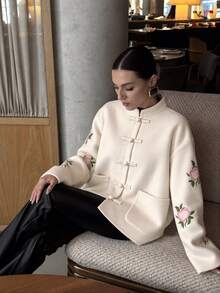 Modelyn New Woven Non-Stretch Wool Blend Long Sleeve Embroidered National Style Elegant Commute Versatile Fashion Korean Style Open Front Women's Wool Cardigan - Apricot - View 1