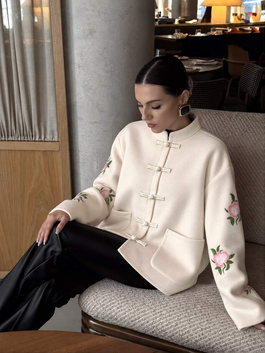 Modelyn New Woven Non-Stretch Wool Blend Long Sleeve Embroidered National Style Elegant Commute Versatile Fashion Korean Style Open Front Women's Wool Cardigan - Apricot - View 1