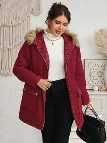 EMERY ROSE Plus Size Women's Winter Casual Fur Collar Solid Color Padded Coat - Red Violet - View 1