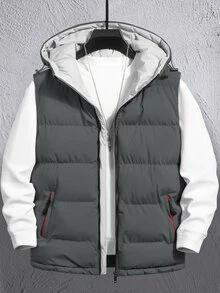 Manfinity Homme Men's Hooded Zipper Vest Winter Coat , Fall Winter, Puffer - Dark Grey - View 1