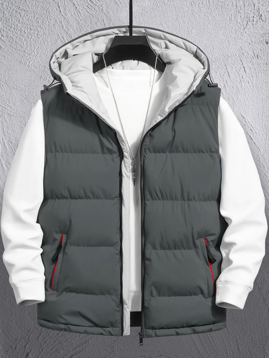 Manfinity Homme Men's Hooded Zipper Vest Winter Coat , Fall Winter, Puffer - Dark Grey - View 1