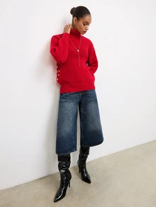 Maija Holiday Urban Party Red Autumn/Winter Women's High-Neck Ribbed Loose Side-Seam Metal Decor Sweater - Red - View 8