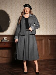 Auvina British Style Tweed 2 Pieces Set, Contrast Color Houndstooth Collar Waist-Cinching Top + Full Skirt Long Skirt, Autumn/Winter Commuter Outfit - Grey - View 5