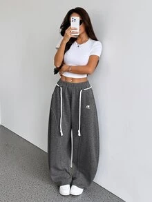 SHEIN PETITE 女款淺灰色冬季運動休閒健身運動褲，秋季街頭風返校學院風休閒彈性腰帶弧形下擺寬腿長褲 - 深灰色 - 查看 4