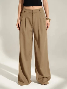 SHEIN Tall 女款 Old Money 風格高腰百褶寬腿褲，黑色冬季端莊商務休閒辦公穿搭，優雅純色寬鬆修身西裝長褲 - 卡其色 - 查看 3