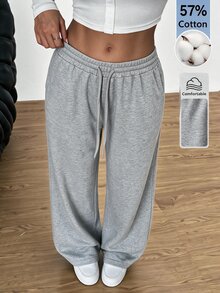 SHEIN Tall 舒適休閒純色針織寬腿女款運動長褲，棉混紡，舒適 - 灰色 - 查看 7