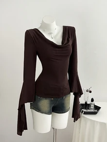 Elamini Sexy Hot Girl Cowl Neck Ruched Fitted 3/4 Sleeve Bell Sleeve Slightly Sheer Top - Coffee Brown - View 5
