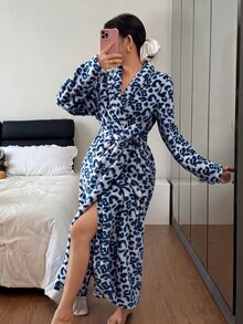Napfluff 女款休閒豹紋提花抓絨長版睡袍，大翻領、繫腰外套，秋冬豹紋睡袍豹紋睡衣 - 藍色 - 查看 4