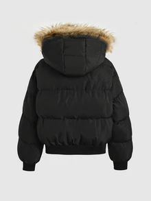 SHEIN 青少年女孩極簡風大廓型毛絨裝飾連帽加厚外套 黑色蓬蓬羽絨夾克 秋冬款 - 黑色 - 查看 4