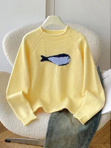 SHEIN 少女秋/冬休閒法式優雅奶油淡黃色可愛魚紋插肩袖長袖套頭針織衫，適合返校與日常穿著 - 黃色 - 查看 2