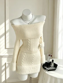 Elamini Women's Autumn/Winter Off-Shoulder Pom Pom Knit Top & Bodycon Fuzzy Patchwork Skirt - Apricot - View 4