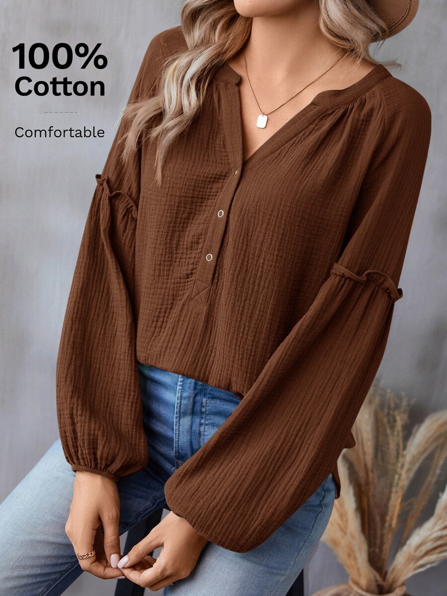SHEIN LUNE Notched Neckline Lantern Sleeve Blouse,Casual - Brown - View 1