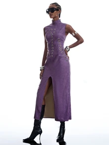 LYSMO Gaun Panjang Wanita Tanpa Lengan dengan Desain Eyelet dan Belahan di Bagian Bawah, Kerah Tegak - Purple - View 5