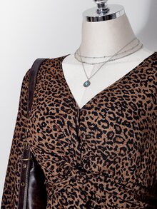 SHEIN ICON Women's Plus Size Leopard Print Knot Front Blouse - Brown - View 5