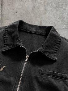 AXEPEAK 男士水洗黑/灰色拉鍊刺繡長袖夾克 - 黑色 - 查看 4