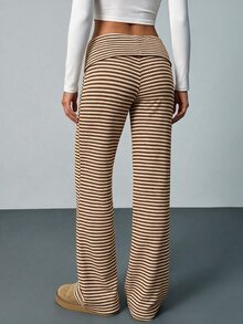 SHEIN Tall 女款休閒卡其色條紋長褲，適合上班與休閒穿著 - 棕色 - 查看 2