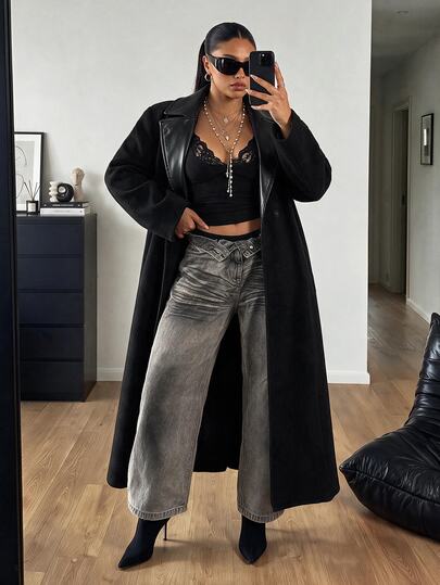 POPSWAY Abrigo largo de mujer talla grande con cuello de PU y patchwork, chaqueta negra de media longitud de alta gama con cintura ceñida y efecto estilizante, abrigo para otoño/invierno