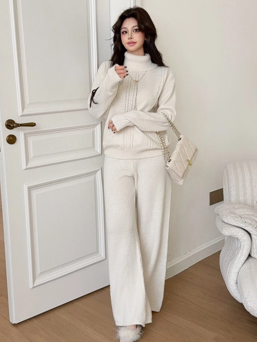Feyla Women's Solid Color Turtleneck Long Sleeve Sweater And Knitted Pants Casual Set - Apricot - View 1
