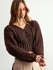 Willow Rêve Women's Brown V-Neck Jacquard Pullover Sweater - Brown - View 6