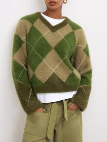 Maija Holiday Party Urban Green Autumn/Winter Women's Plaid Small V-Neck Sweater - Army Green - View 3