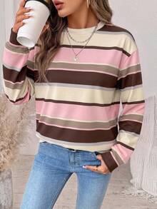 SHEIN LUNE 大尺碼女款條紋休閒日常長袖運動衫 - 彩色 - 查看 4