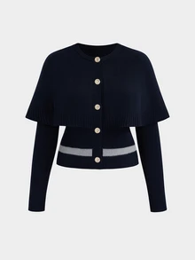 Sweetra Vintage Fashion Cape Shawl Style Colorblock Cardigan Women Autumn/Winter High-End Navy Blue Slimming Short Sweater - Navy Blue - View 1