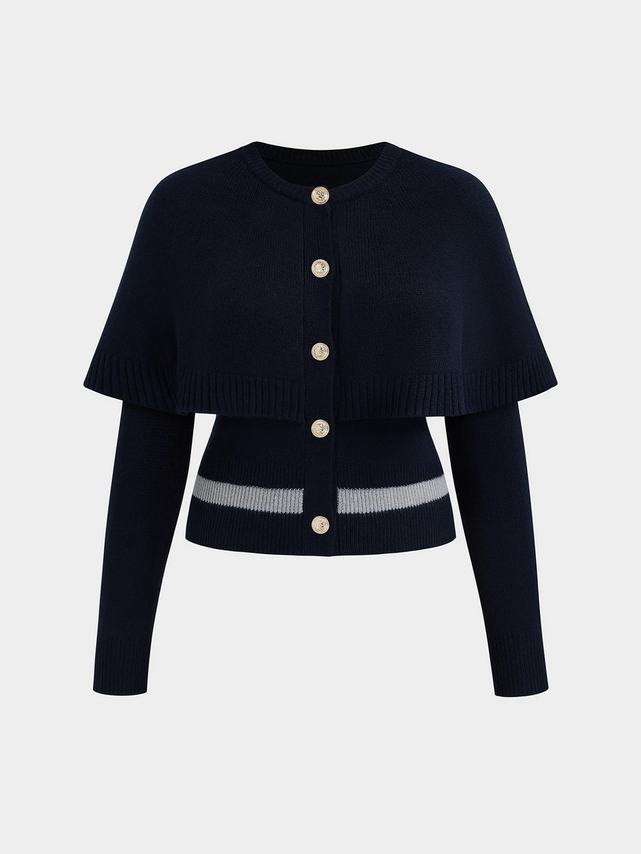 Sweetra Vintage Fashion Cape Shawl Style Colorblock Cardigan Women Autumn/Winter High-End Navy Blue Slimming Short Sweater - Navy Blue - View 1