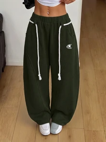 SHEIN PETITE 女款休閒星星印花口袋長褲 - 軍綠色 - 查看 9
