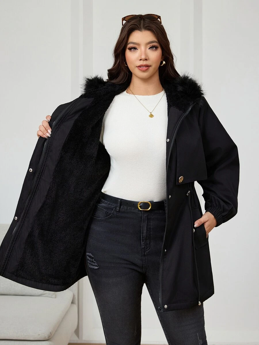 Reflora Plus Size Women's Solid Color Long Sleeve Zip-Up Drawstring Waist Patchwork Fur Hooded Jacket - Black - View 1