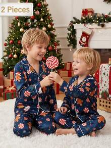 Young Boy Autumn/Winter Pajamas 2pcs Gingerbread Man Satin Long Sleeve Pants Lapel Print Christmas Blue Flame Resistant - Navy Blue - View 10
