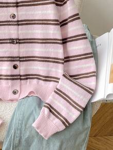 SHEIN 青少年女孩/小女孩秋冬休閒時尚復古學院風粉色與棕色條紋前開扣針織開襟外套，適合返校與日常穿著 - 粉色 - 查看 7