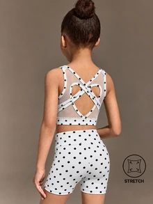 SHEIN 少女黑色白色波點運動兩件套，鏤空交叉背體操牛仔女式連身衣，舞蹈短褲沙灘秋季款 - 黑與白 - 查看 1