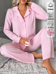 SHEIN Women Binding Detail Short Sleeved & Long Bottom Homewear Pajama Set - Pink - View 3