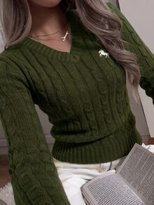SHEIN EZwear 女款休閒V領長袖針織毛衣，酒紅色，秋季，校園，返校季騎士圖案日常極簡聖誕上衣，紅色上衣 - 軍綠色 - 查看 5