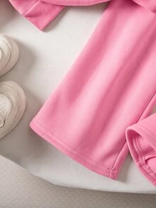 SHEIN 女童針織純色圓領亮片蝴蝶結寬鬆休閒衛衣與長褲兩件套 - 粉色 - 查看 3