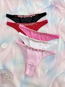 Eraneu 5PCS Floral Embroidered Heart Ring Women's Panties, Soft And Comfortable, Suitable For Daily Wear, Sweet And Cute, Multiple Colors Available, Suitable For Various Outfit Scenarios - Multicolor - View 1