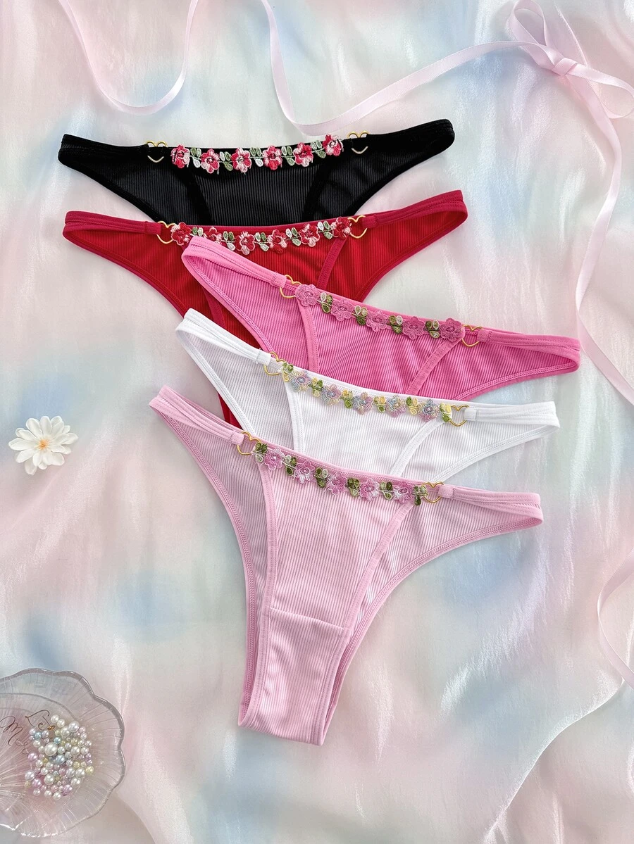 Eraneu 5PCS Floral Embroidered Heart Ring Women's Panties, Soft And Comfortable, Suitable For Daily Wear, Sweet And Cute, Multiple Colors Available, Suitable For Various Outfit Scenarios - Multicolor - View 1