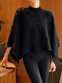 DAZY Women's Cable Knit High Neck Button Knit Top Streetwear - Black - View 3