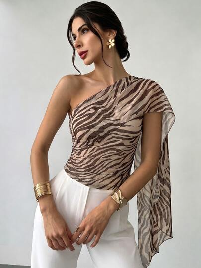 Firerie Women's Early Autumn Minimalist Elegant Vacation Casual Daily Fashion Versatile Brown Zebra Print Asymmetrical Shoulder Neckline Contrast Mesh Knit Asymmetrical Ruffle Slim Fit Top