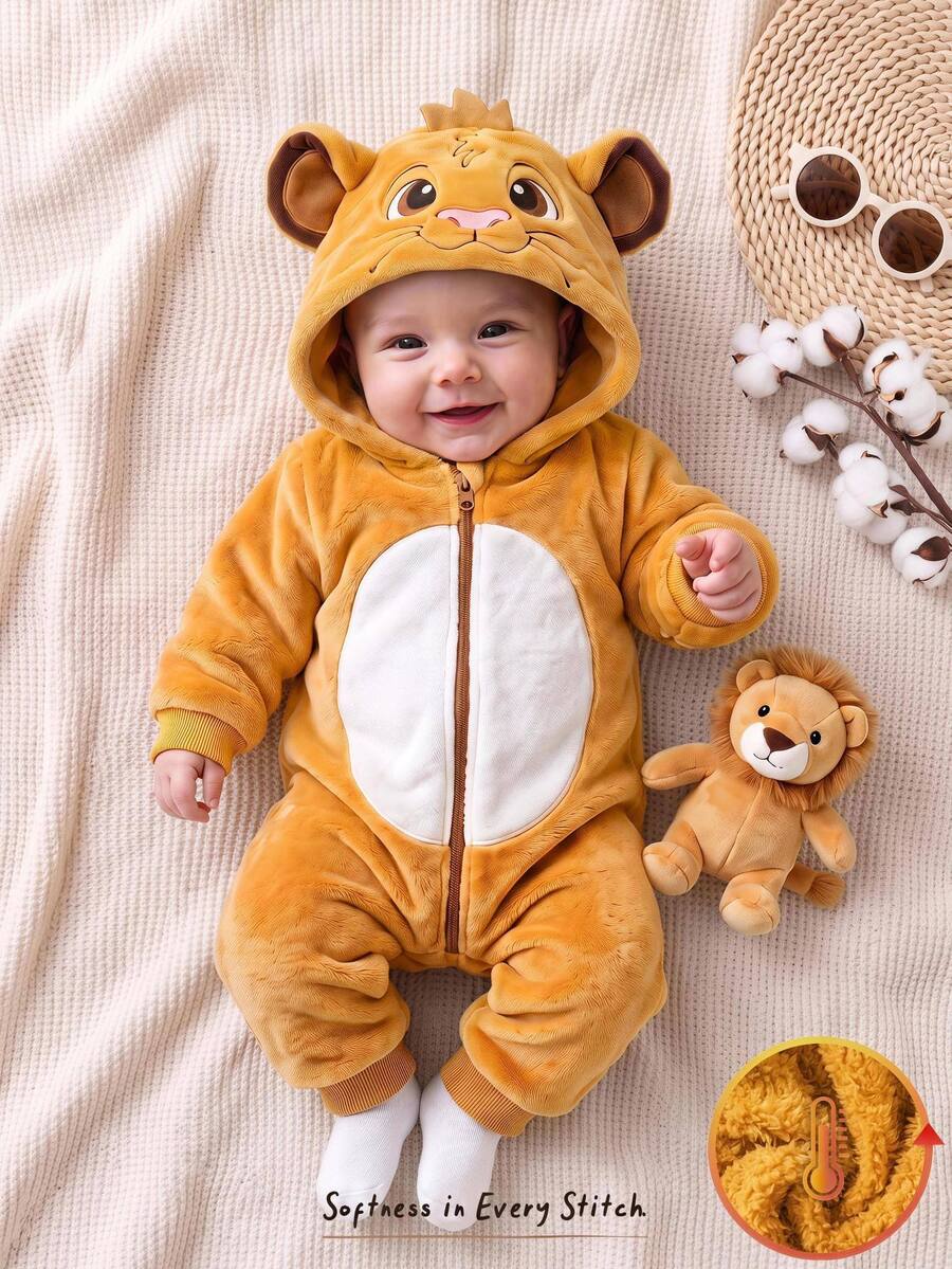 Cozy Pixies Baby Boys Tiger Design Hat, Infant Cartoon Tiger Pattern Thick Hooded Zipper Long Sleeve One-Piece Winter Pants, Versatile And Comfortable - Yellow - View 1