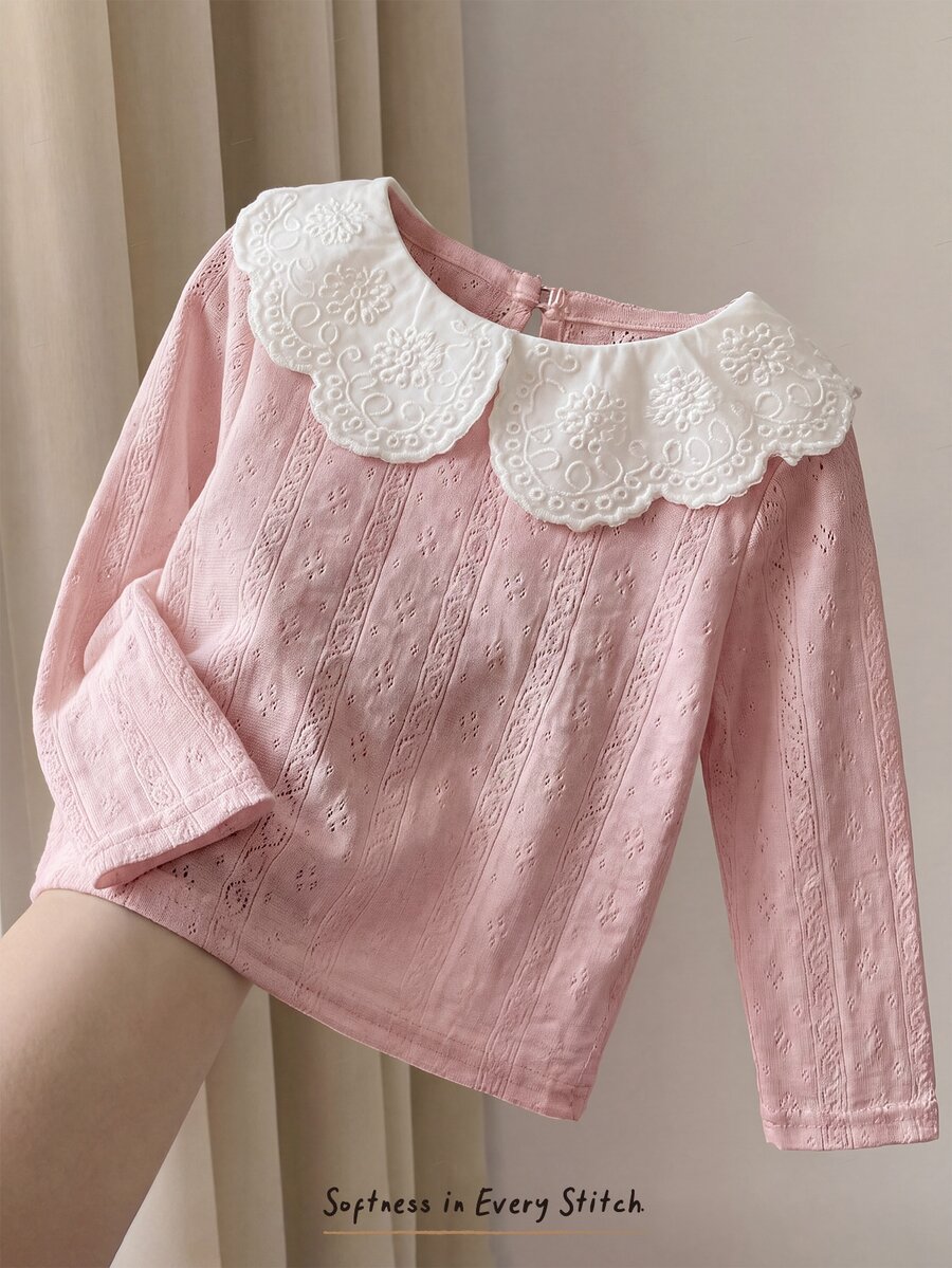 Cozy Pixies Baby Girl Decorative Ruffle Collar Round Neck Long Sleeve Pullover Top Solid Color Versatile Comfortable - Baby Pink - View 1