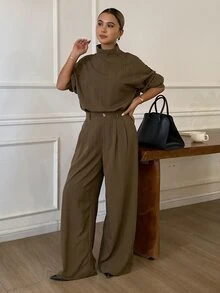 Livesso Women's Solid Color Long Sleeve Top And Pants Casual Daily 2 Pieces Set - Army Green - View 4