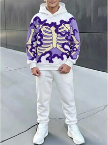 大童男孩休閒極簡寬鬆舒適長袖連帽衛衣，適合秋冬，萬聖節骷髏與骨架圖案印花，趣味派對風格，抓絨內裡厚針織衛衣 - 彩色 - 查看 4